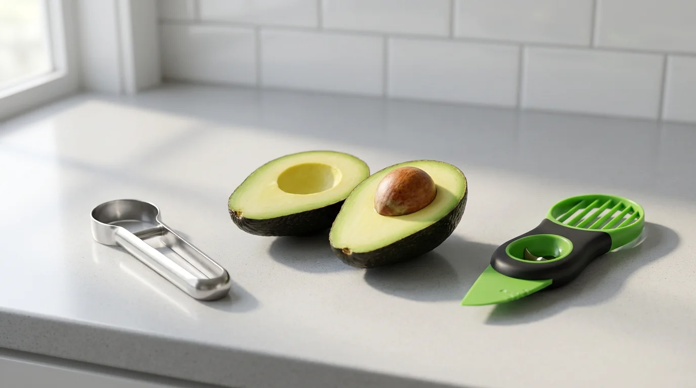 An eye-level photo comparing a single-purpose avocado pitter with a 3-in-1 multi-tool.