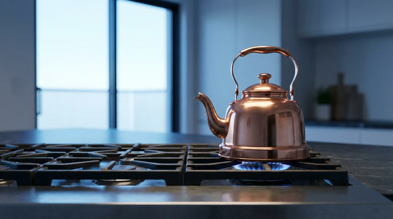 An eye-level photograph of a copper stovetop kettle heating on a gas stove.