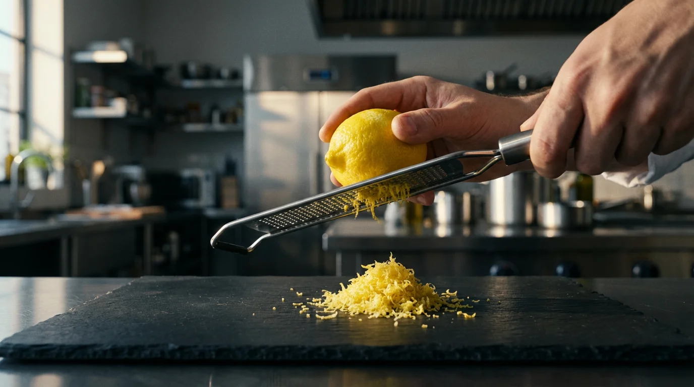 An eye-level photograph of a hand grating a lemon with a microplane grater.