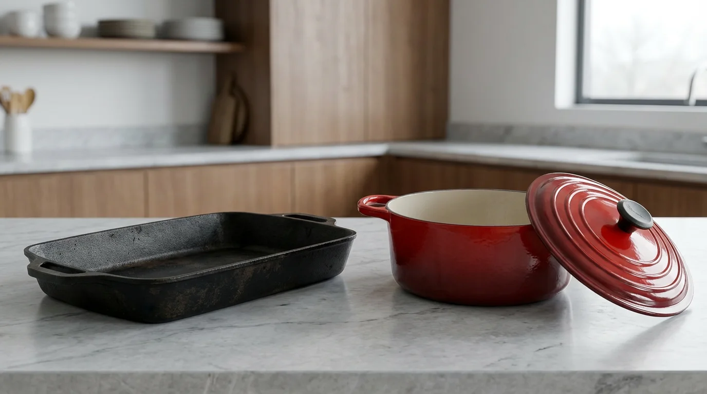 An eye-level shot of a black cast iron casserole dish and a red enameled Dutch oven.