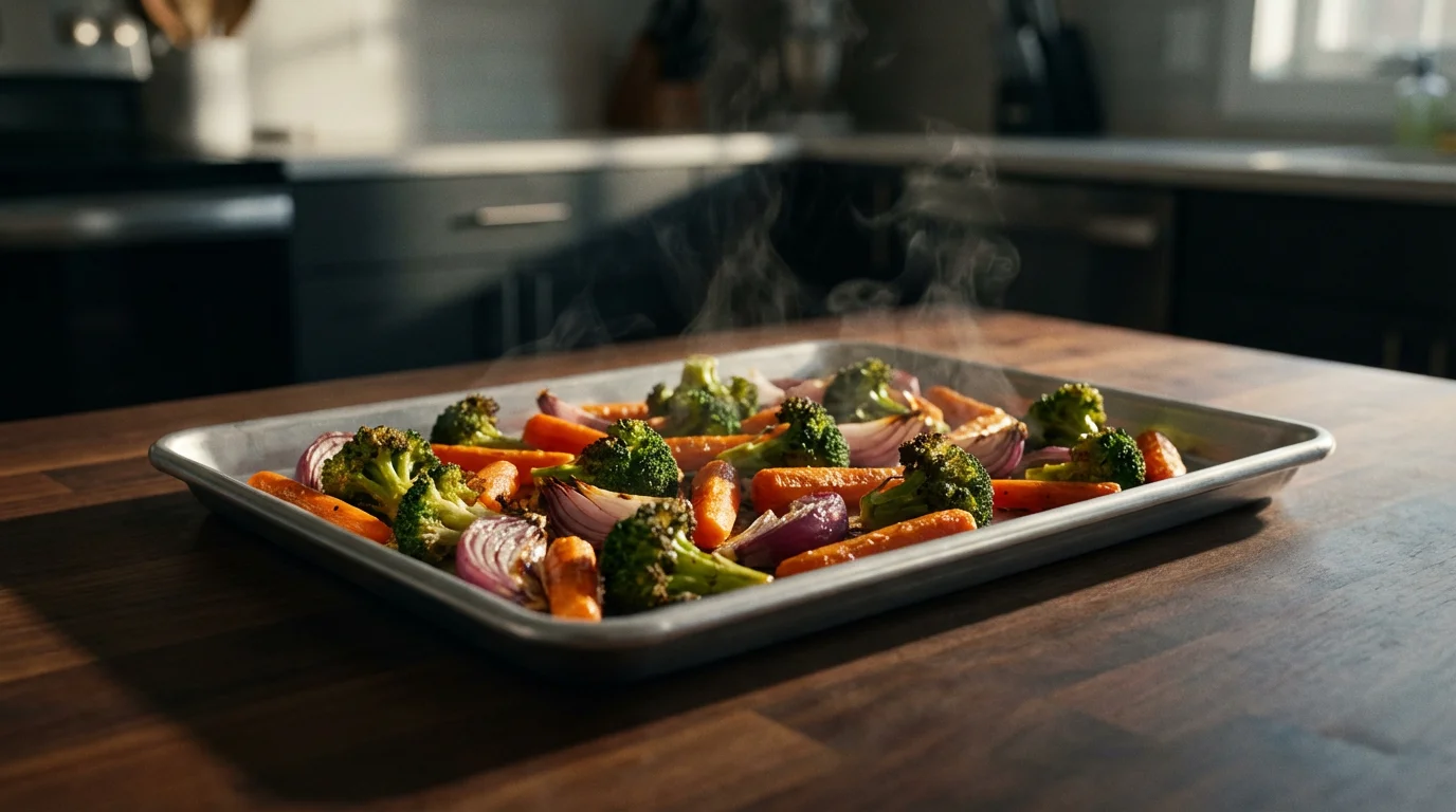 An eye-level view of a heavy-duty sheet pan holding freshly roasted vegetables.