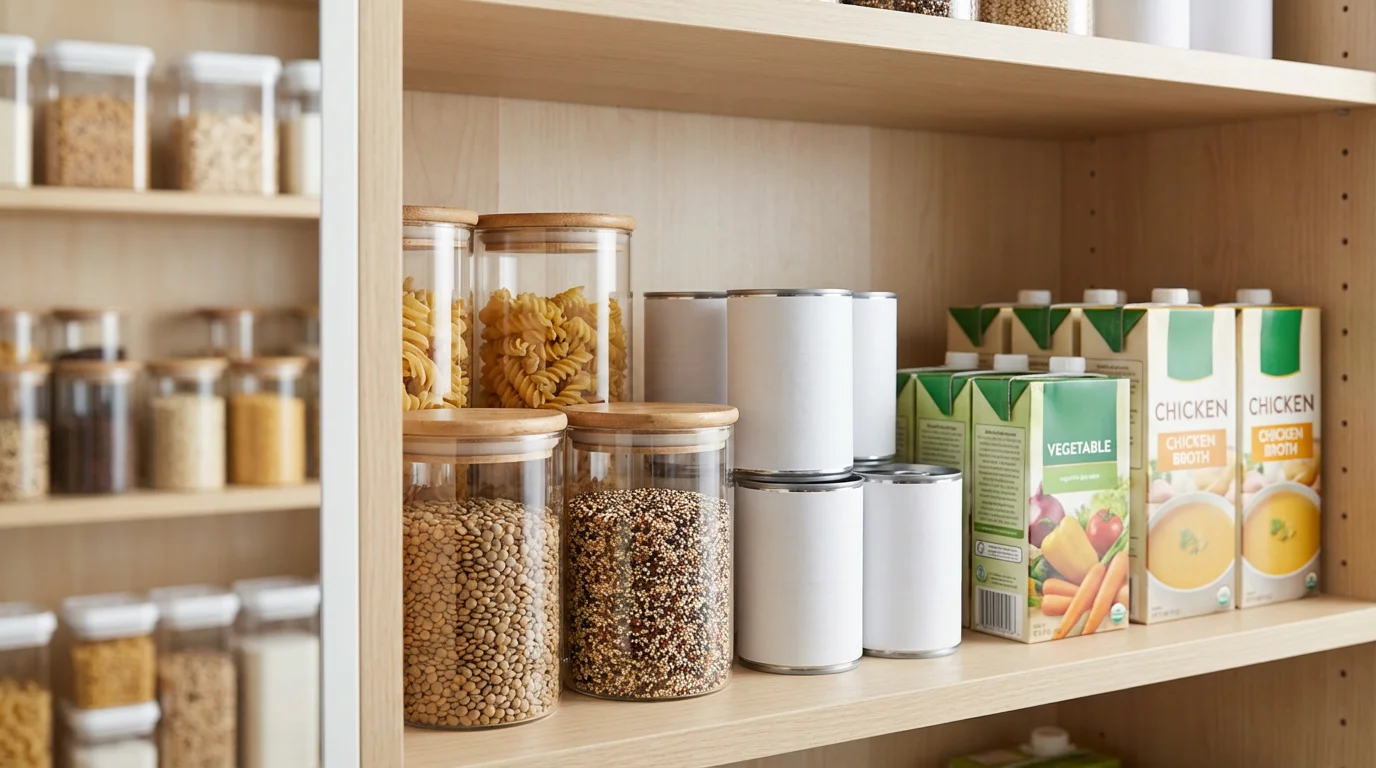 An eye-level view of a neatly organized pantry shelf with zoned cooking ingredients.