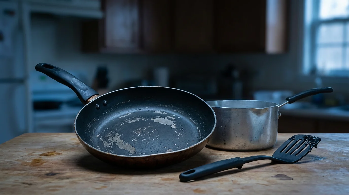 An eye-level view of a pile of cheap, damaged, and peeling cookware on a kitchen counter.