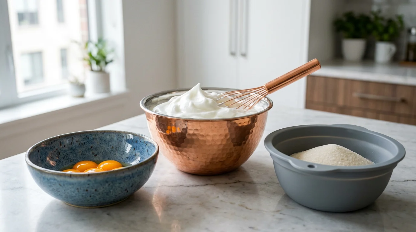 An eye-level view of copper, ceramic, and silicone mixing bowls on a marble counter.