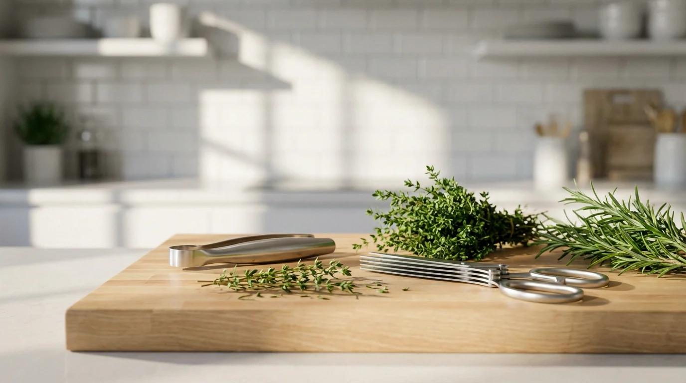 An herb stripper and herb scissors with fresh thyme on a sunlit wooden counter.