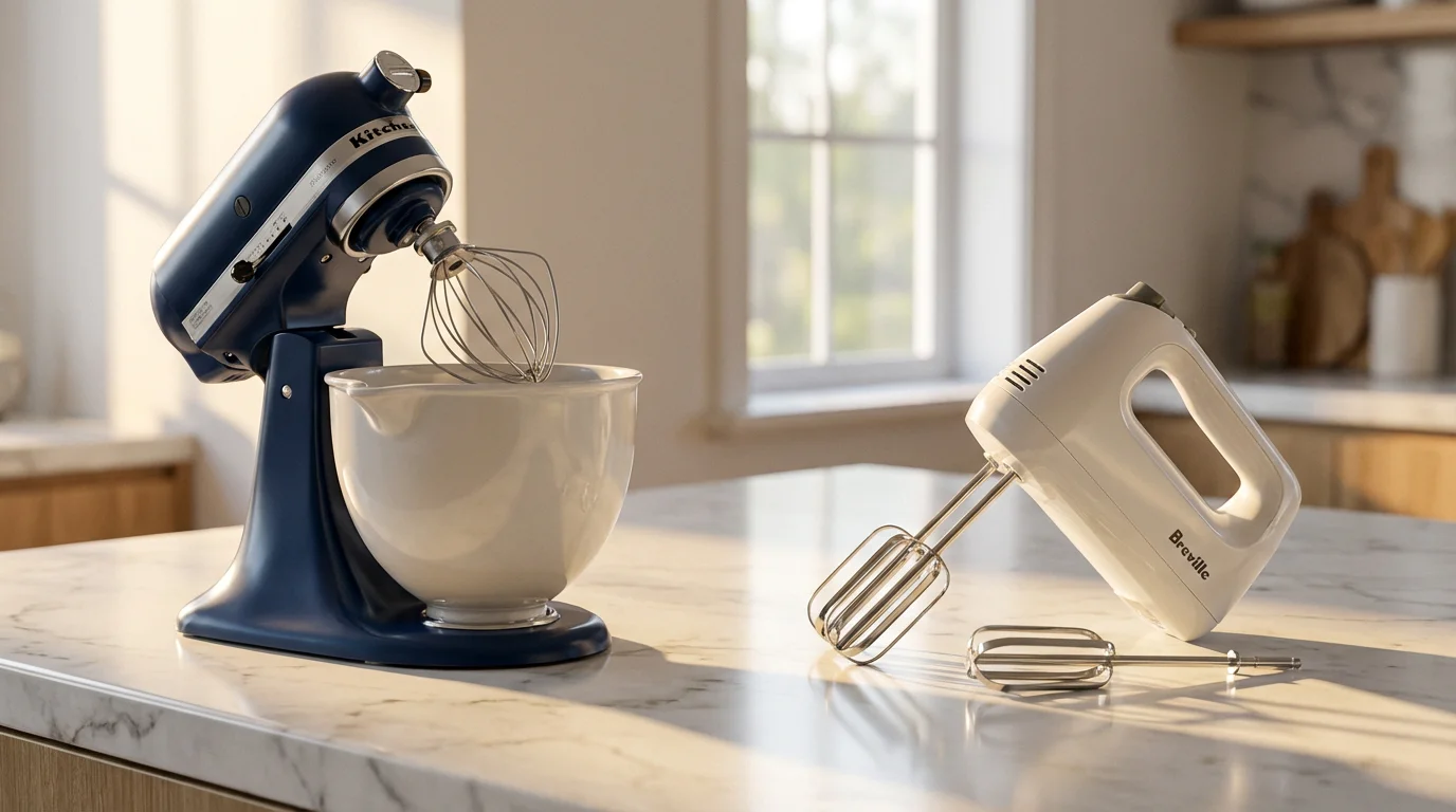 An ink blue stand mixer and a white hand mixer side-by-side during golden hour.