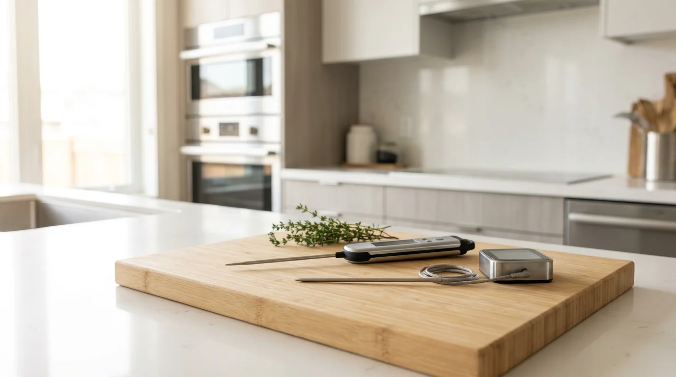 An instant-read and a leave-in meat thermometer displayed side-by-side on a modern kitchen counter.