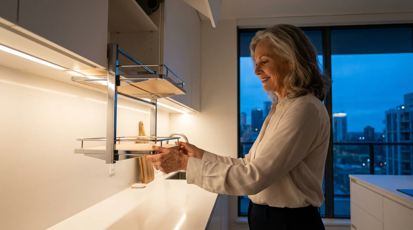 An older woman easily using an accessible pull-down shelf in a modern kitchen.