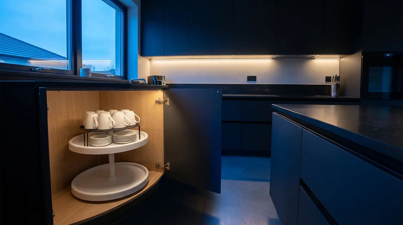 An open corner kitchen cabinet with a shelf riser organizing mugs on a lazy susan.