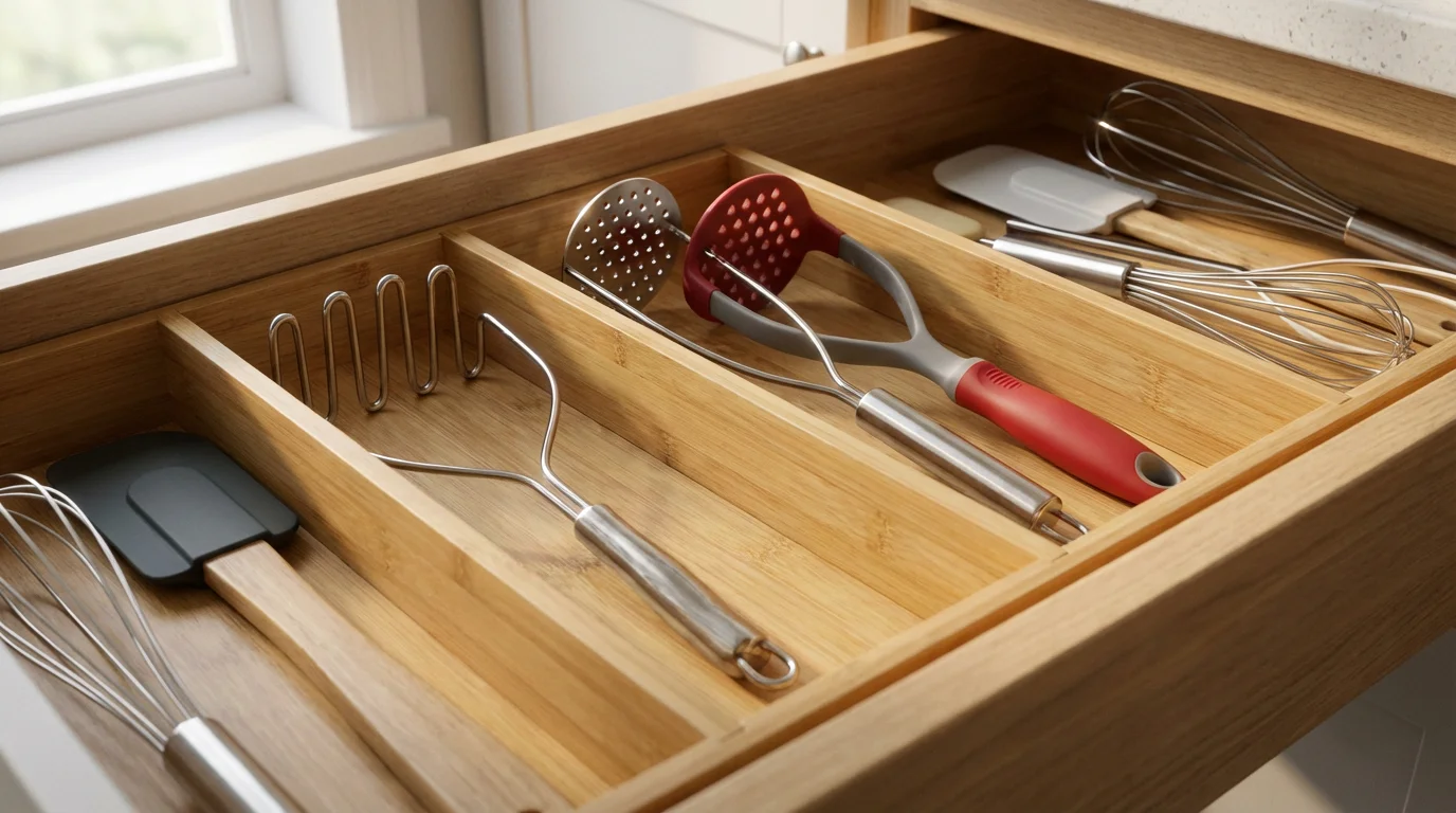 An open kitchen drawer showing various potato mashers neatly organized in a divider.