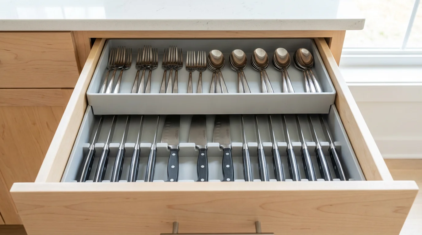 An open kitchen drawer with a two-tiered gray organizer holding stacked utensils.