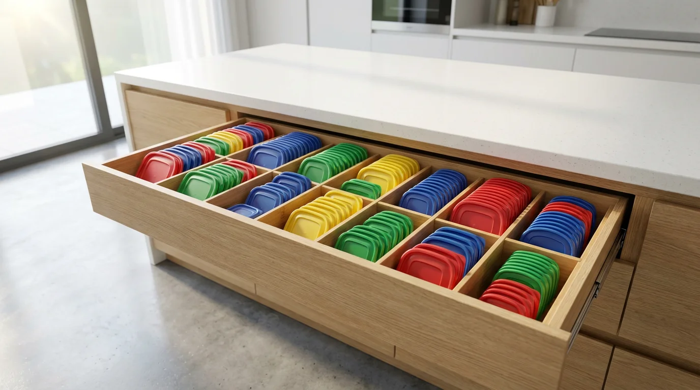 An open kitchen drawer with bamboo dividers neatly organizing colorful food container lids.