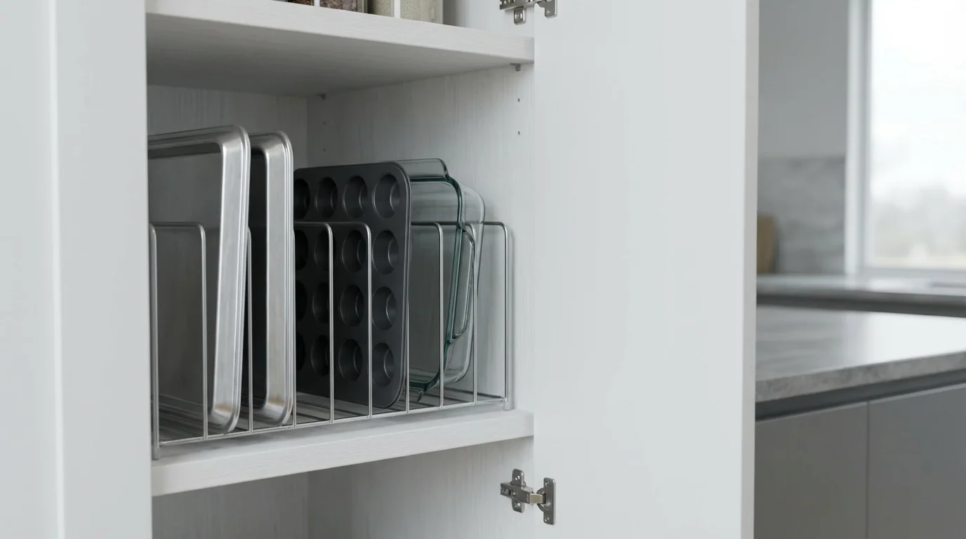 An organized kitchen cabinet with bakeware stored vertically in a wire rack.