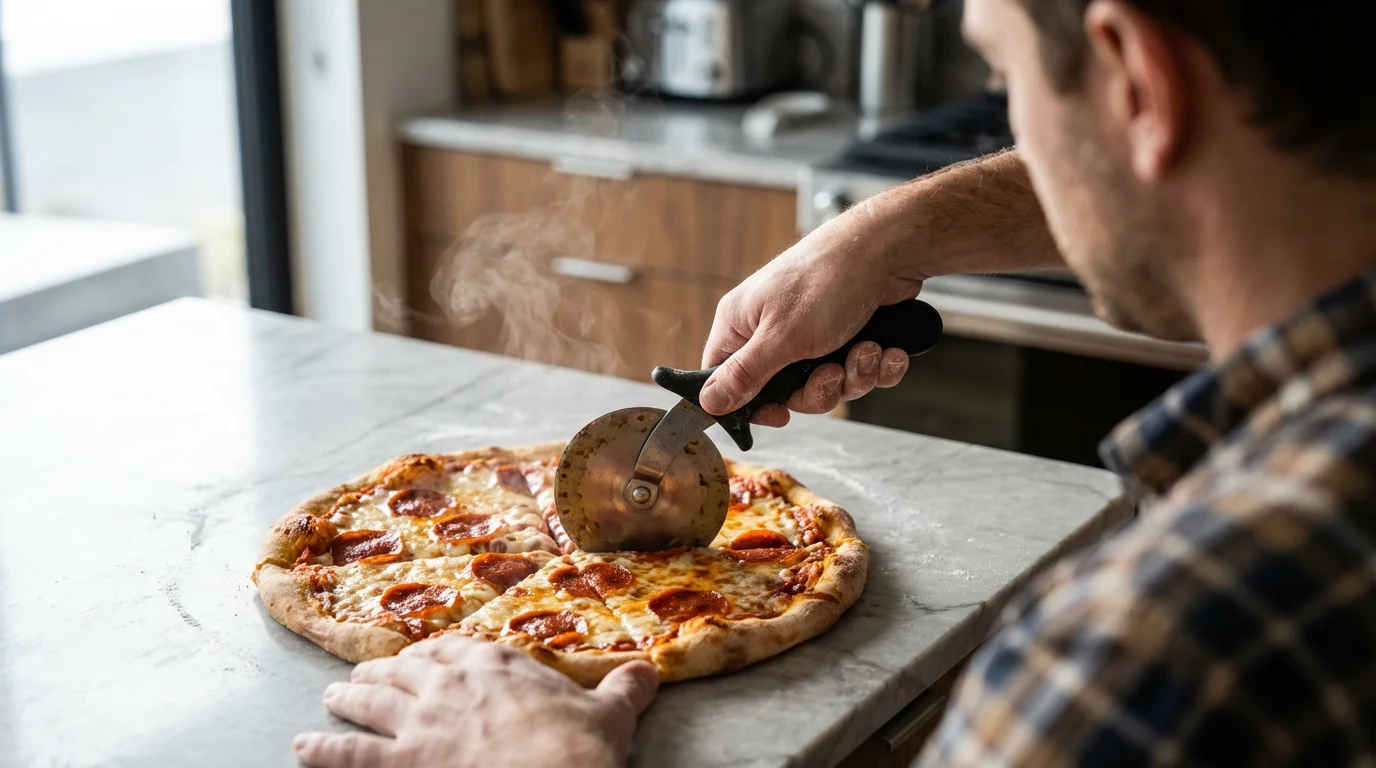 An over-the-shoulder photo of a hand slicing a pepperoni pizza with a classic wheel cutter.