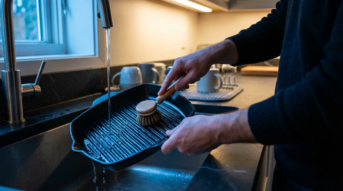 An over-the-shoulder shot of hands carefully scrubbing a cast iron grill pan in a sink.