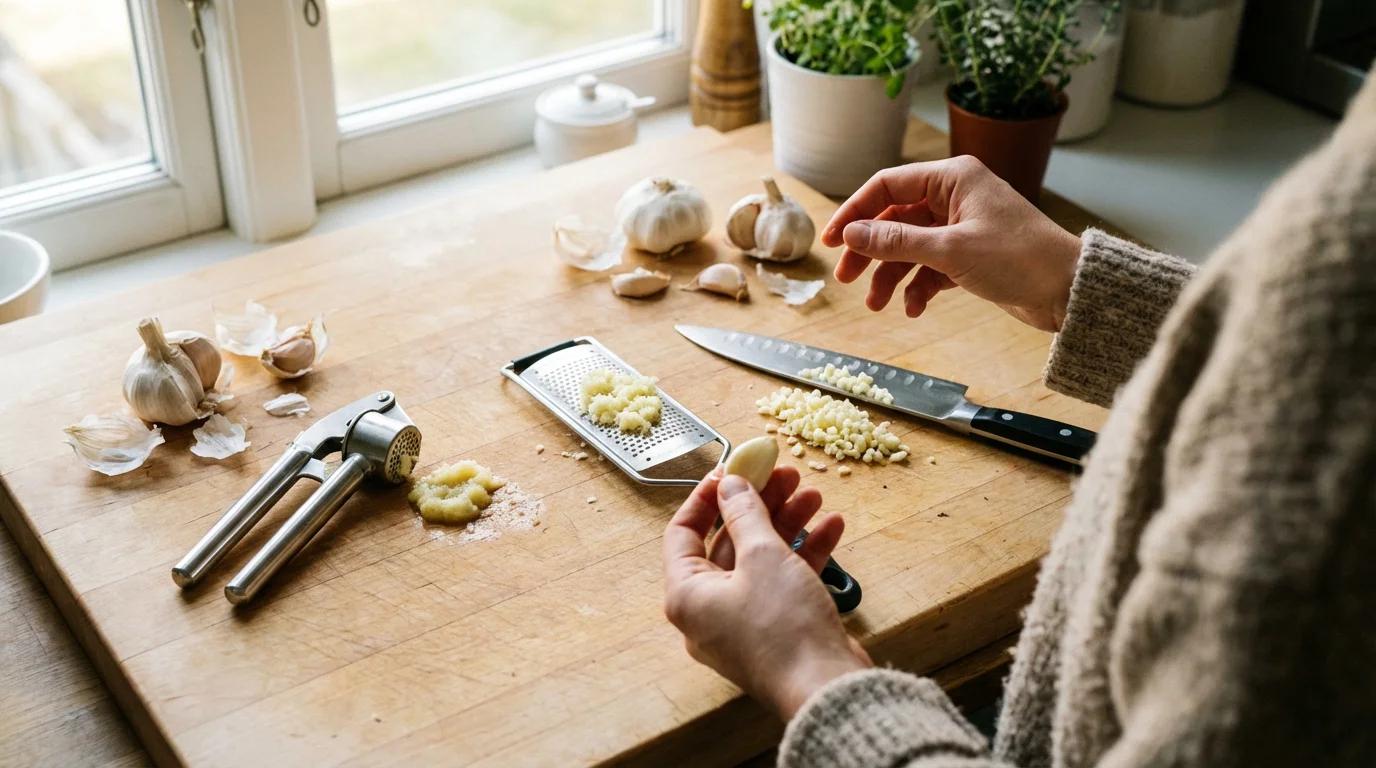An over-the-shoulder view of various garlic tools—a press, grater, and knife—on a cutting board.