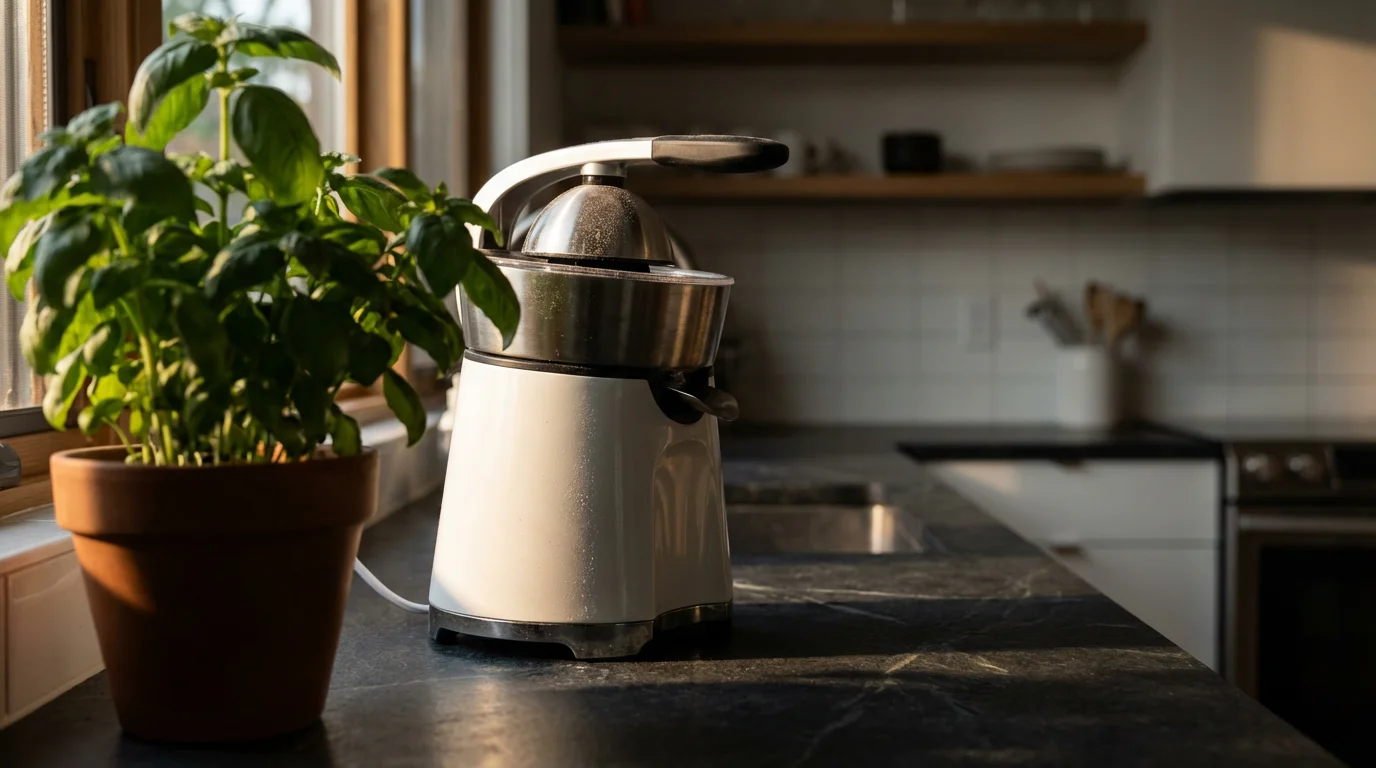 An unused electric citrus juicer gathering dust on a dark, modern kitchen counter.