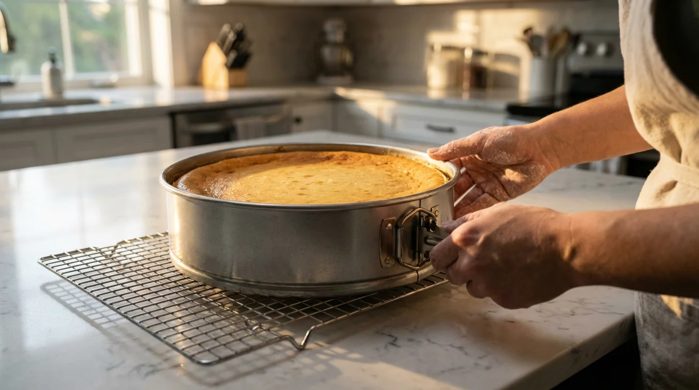 Baker's hands unlatching a springform pan with a cheesecake inside during golden hour.