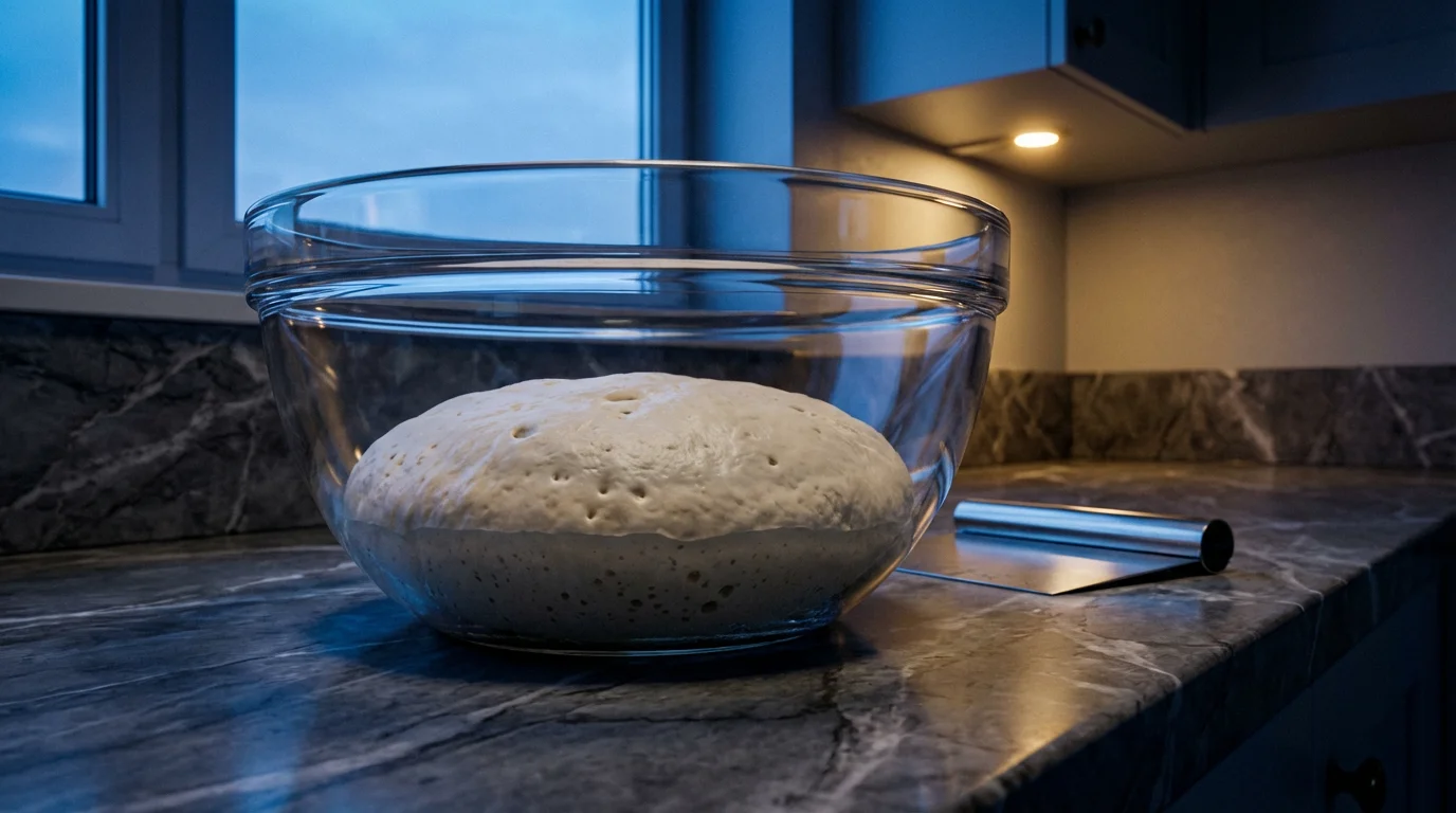 Bread dough proofs in a large glass mixing bowl on a marble countertop during blue hour.