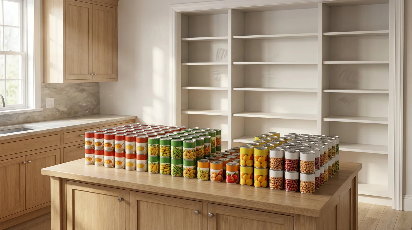 Canned goods sorted on a kitchen island in front of clean, empty pantry shelves.