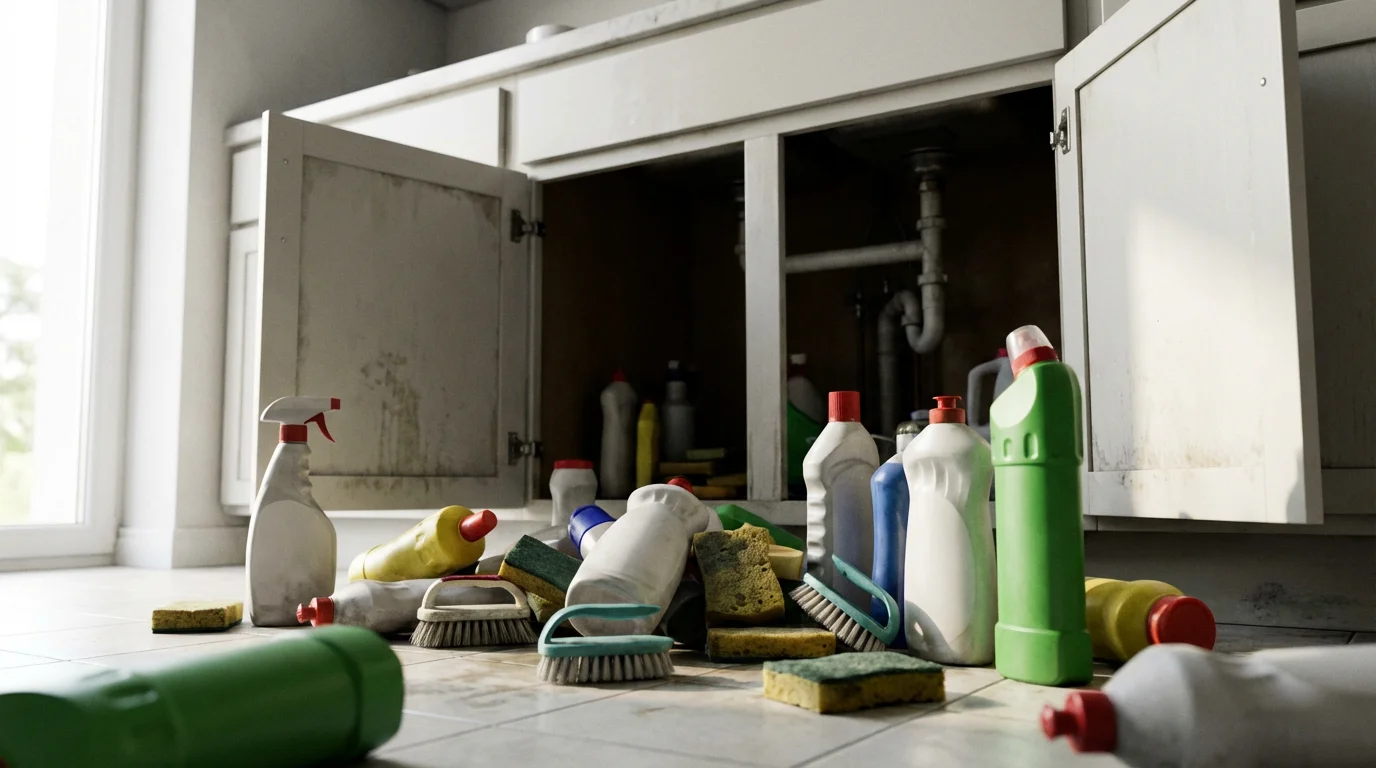 Chaotic pile of cleaning supplies on a floor before organizing an under-sink cabinet.