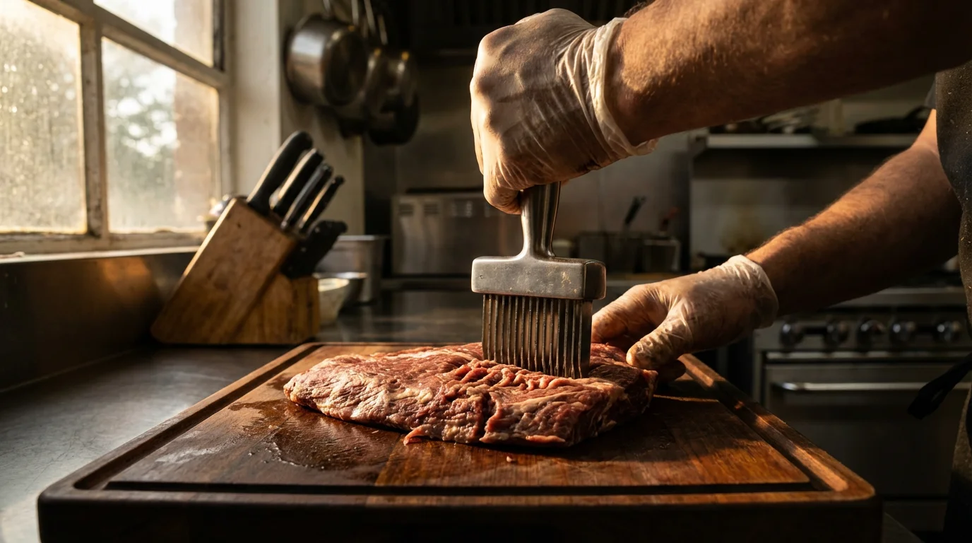 Chef's hands using a blade meat tenderizer on a raw flank steak, close-up.