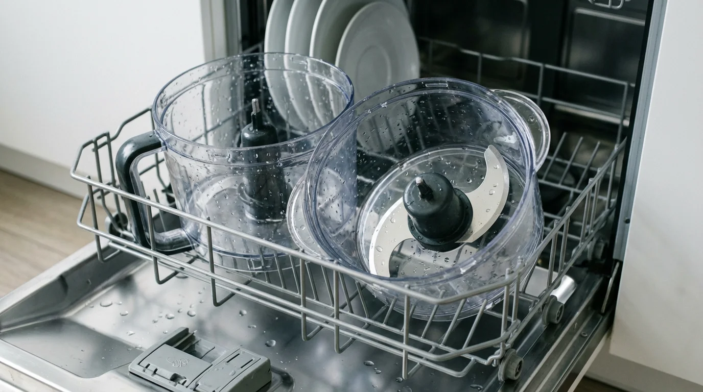 Clean food processor bowl, lid, and blade sitting on the top rack of a dishwasher.