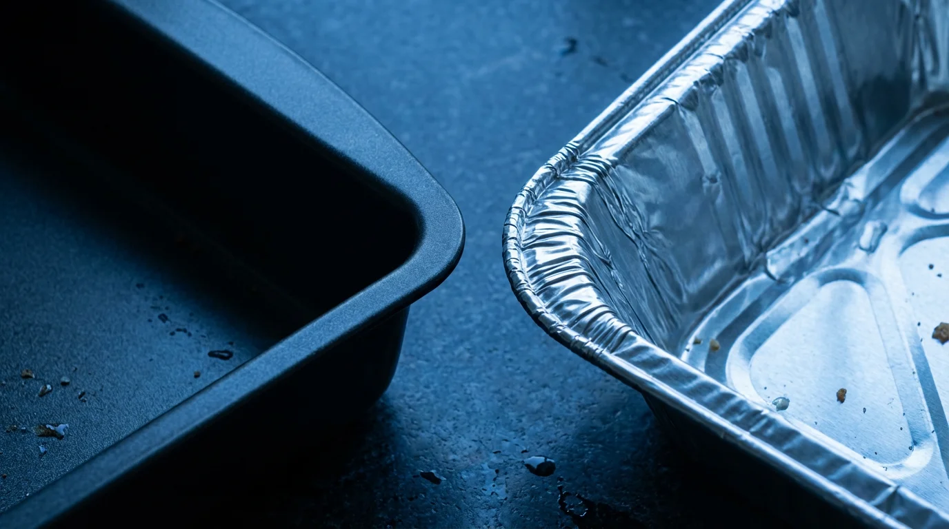 Close-up macro of a high-end roasting pan next to a disposable aluminum foil pan.