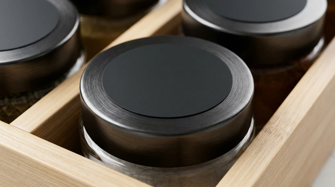 Close-up macro photo of a blank round label on a spice jar lid.