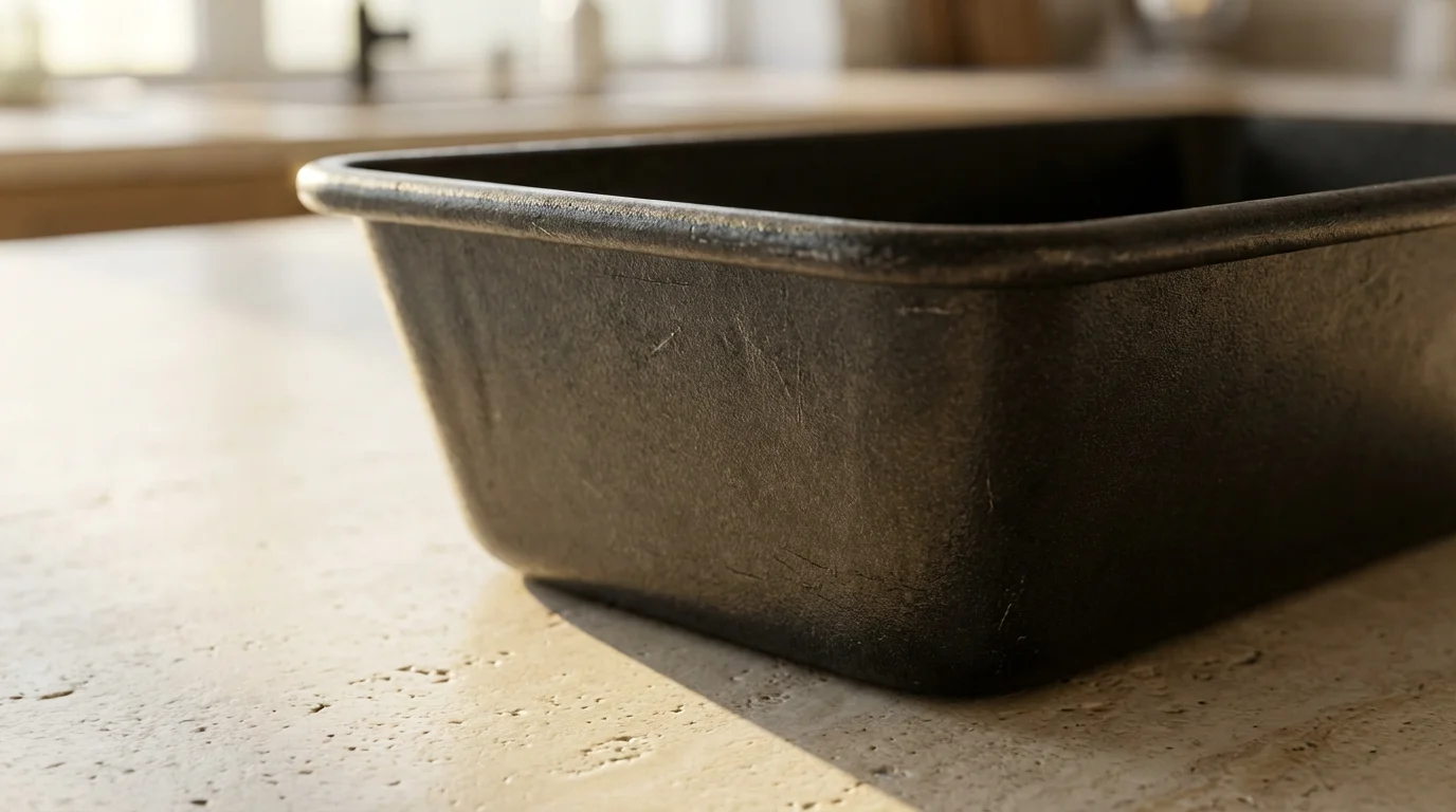 Close-up macro photo of a dark carbon steel loaf pan's textured corner.