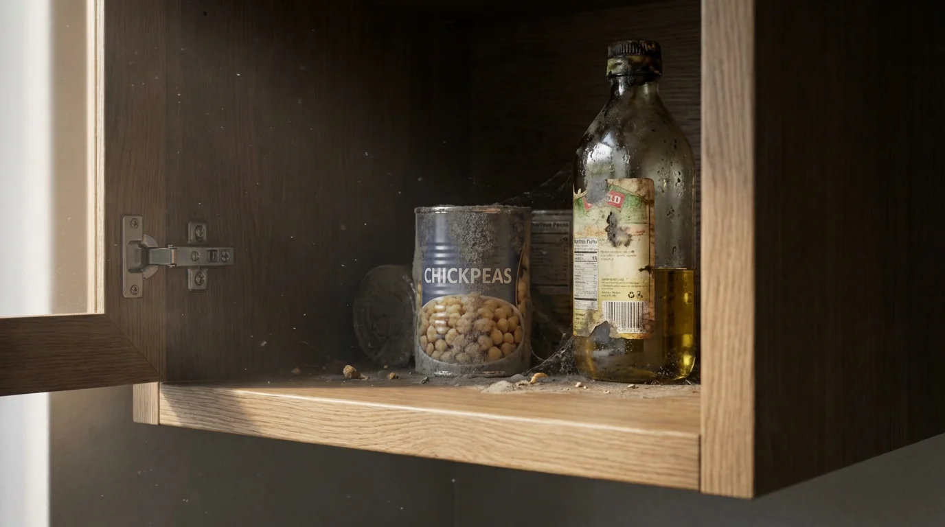 Close-up macro photo of a dusty, disorganized back corner of a kitchen cabinet.