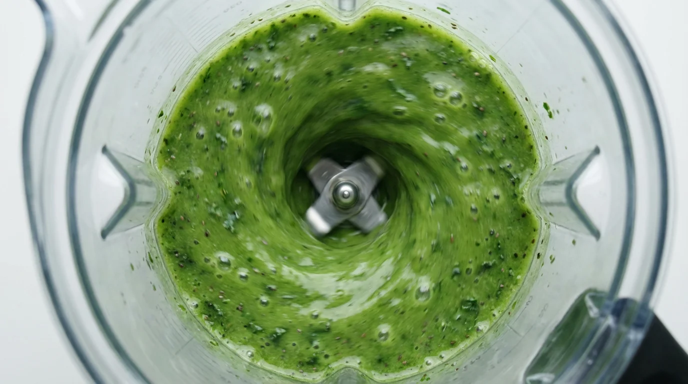 Close-up macro photo of a green smoothie swirling into a vortex inside a blender.