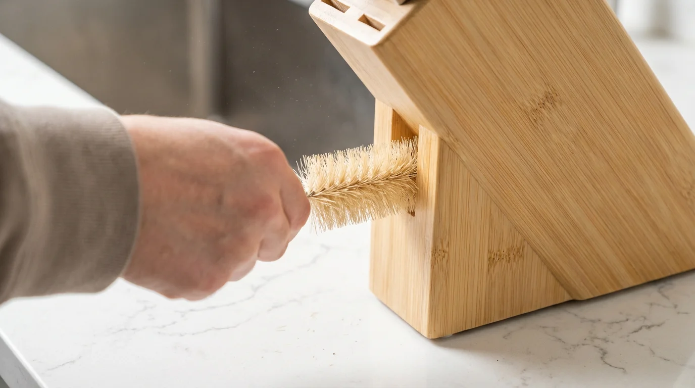Close-up macro photo of a hand cleaning a bamboo knife block with a brush.