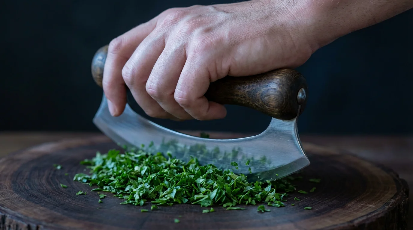 Close-up macro photo of a hand comfortably holding an ergonomic mezzaluna salad chopper.