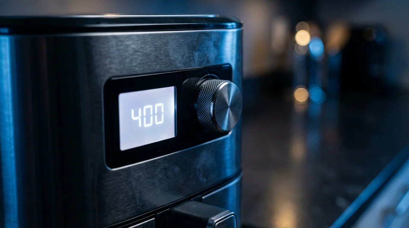 Close-up macro photo of a modern air fryer's illuminated digital temperature display and knob.