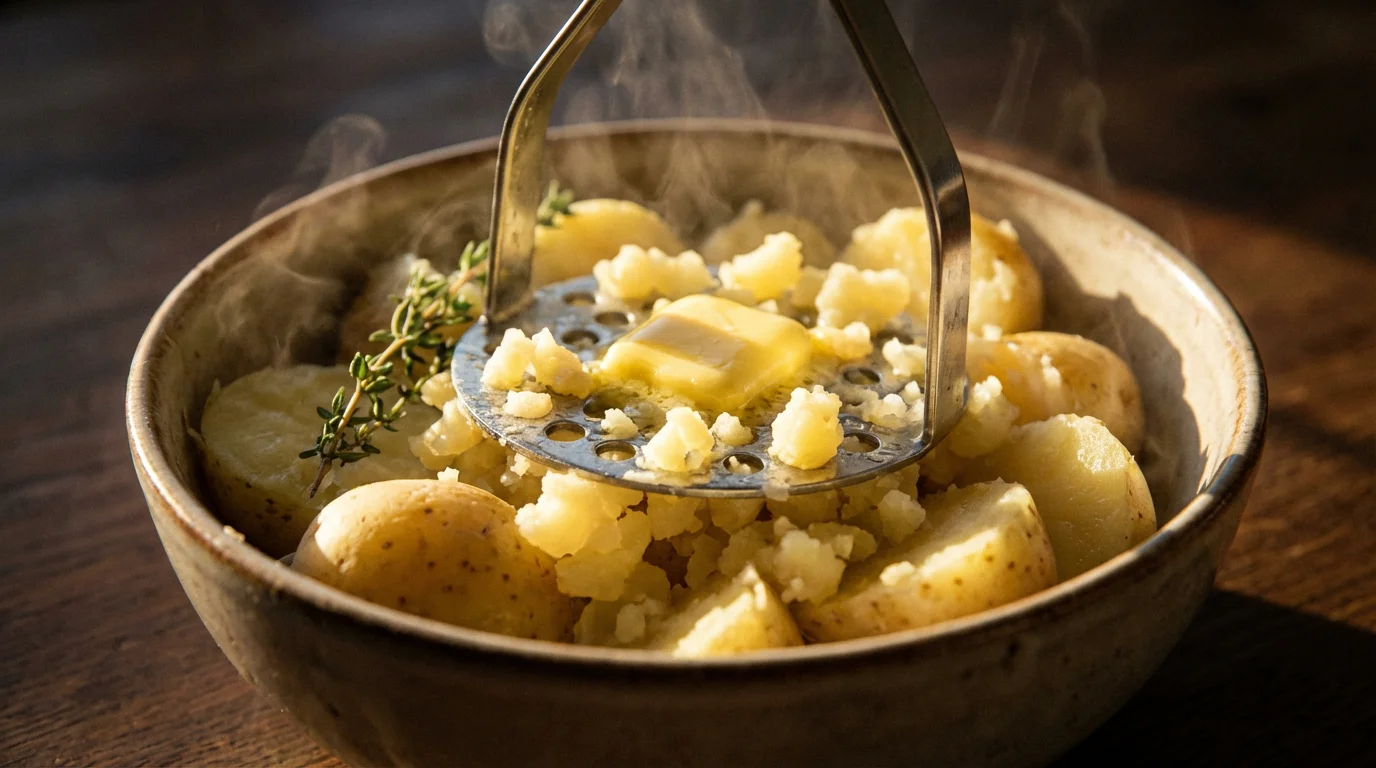 Close-up macro photo of a plate masher creating chunky mashed potatoes in a bowl.