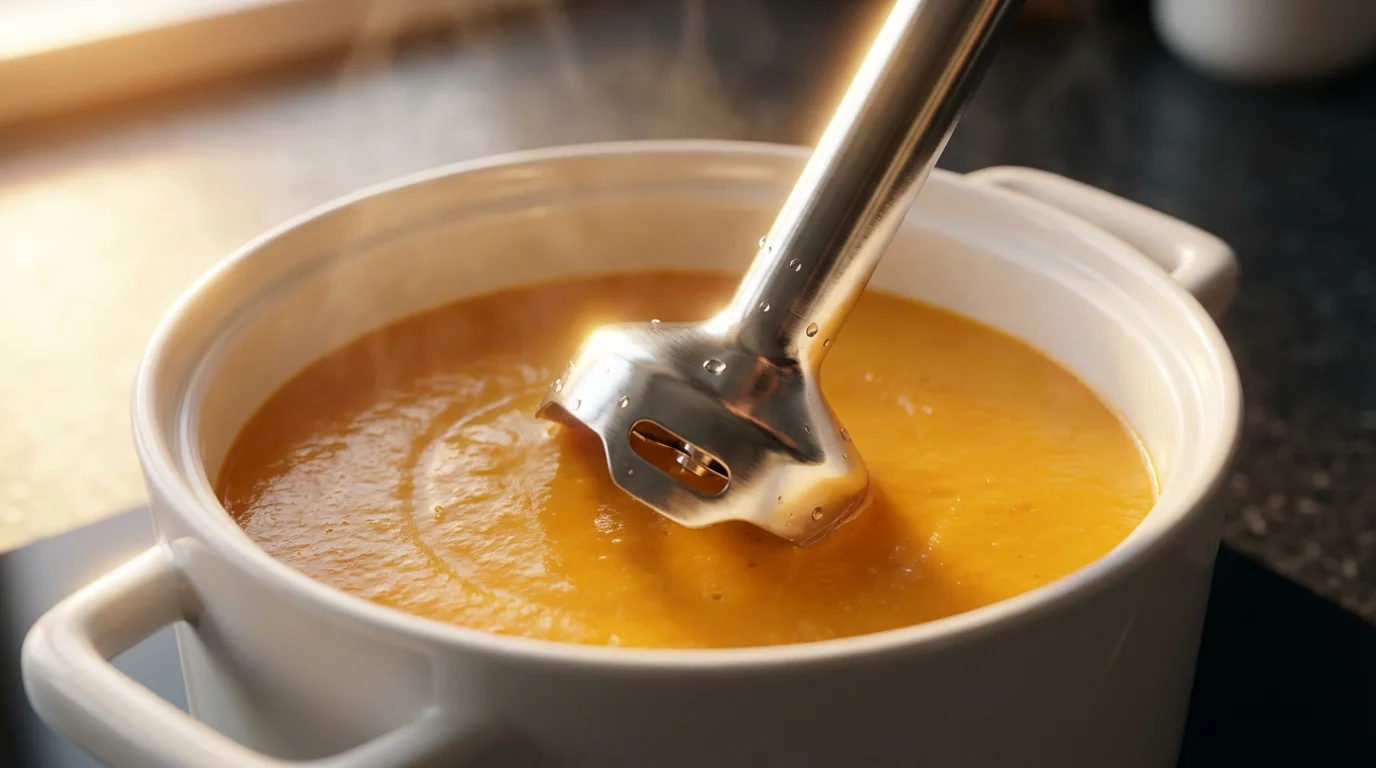 Close-up macro photo of a stainless steel immersion blender in a pot of soup.