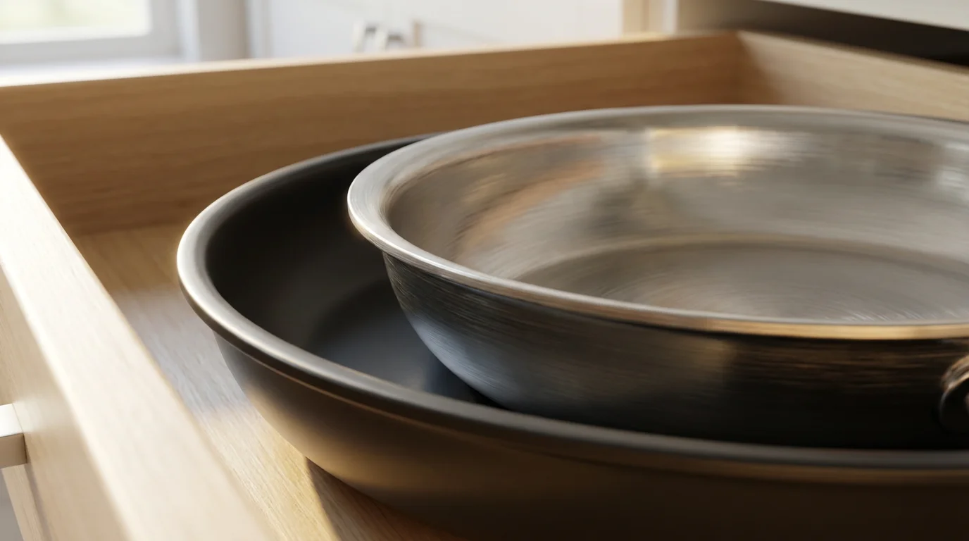 Close-up macro photo of a stainless steel pan nested inside a non-stick pan.