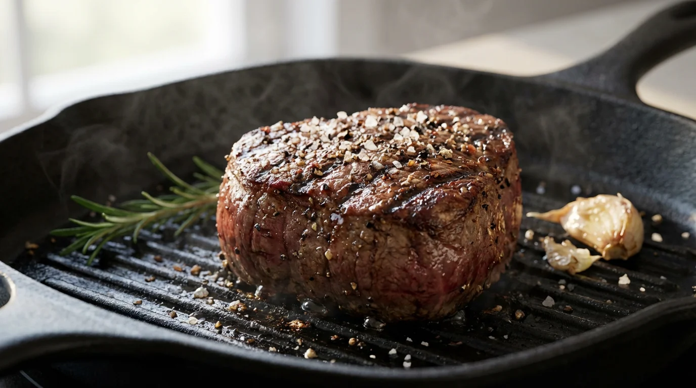 Close-up macro photo of a steak searing on a cast iron grill pan.