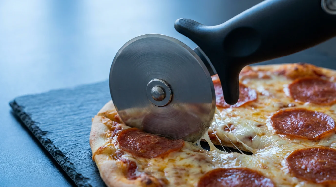 Close-up macro photo of a wheel pizza cutter slicing through a cheesy pepperoni pizza.