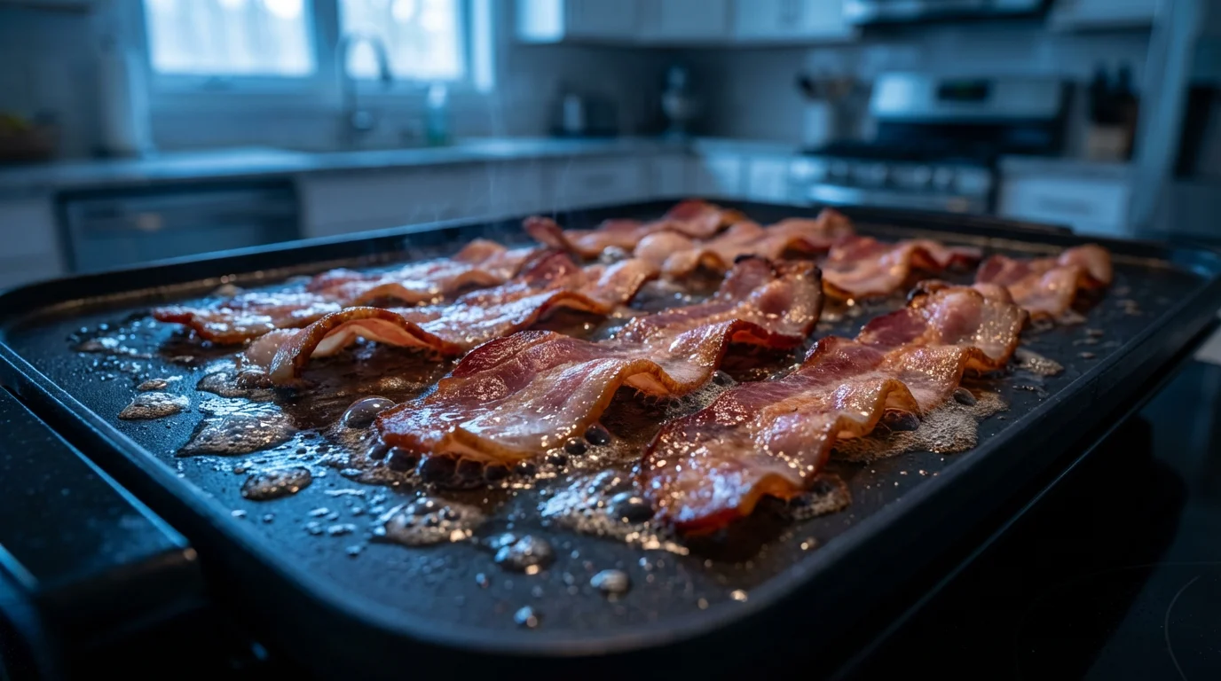 Close-up macro photo of bacon sizzling on a hot electric griddle at dusk.