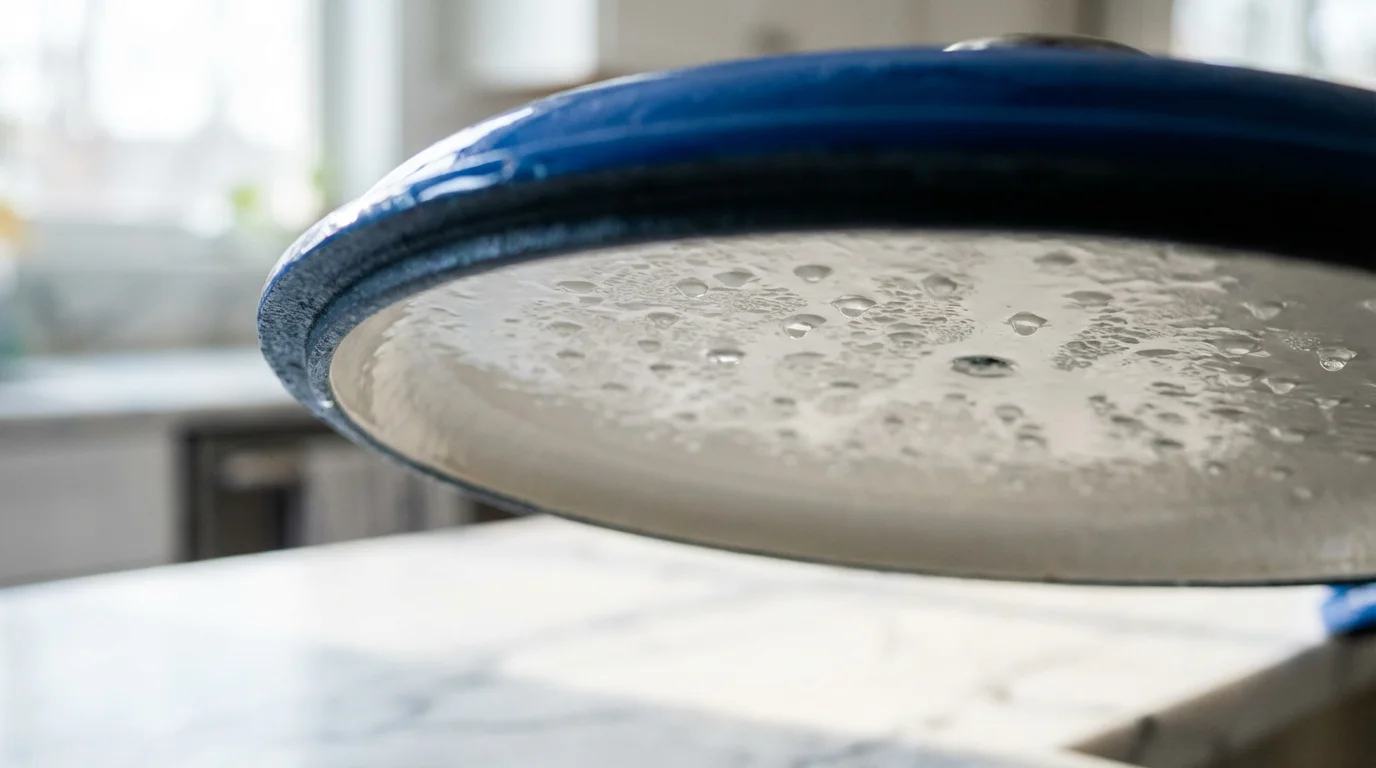 Close-up macro photo of condensation droplets on the inside of a Dutch oven lid.