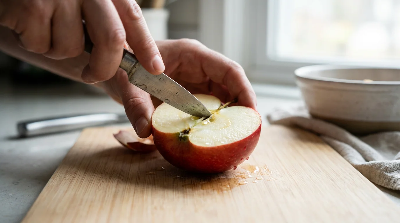 Close-up macro photo of hands using a paring knife to core a red apple.