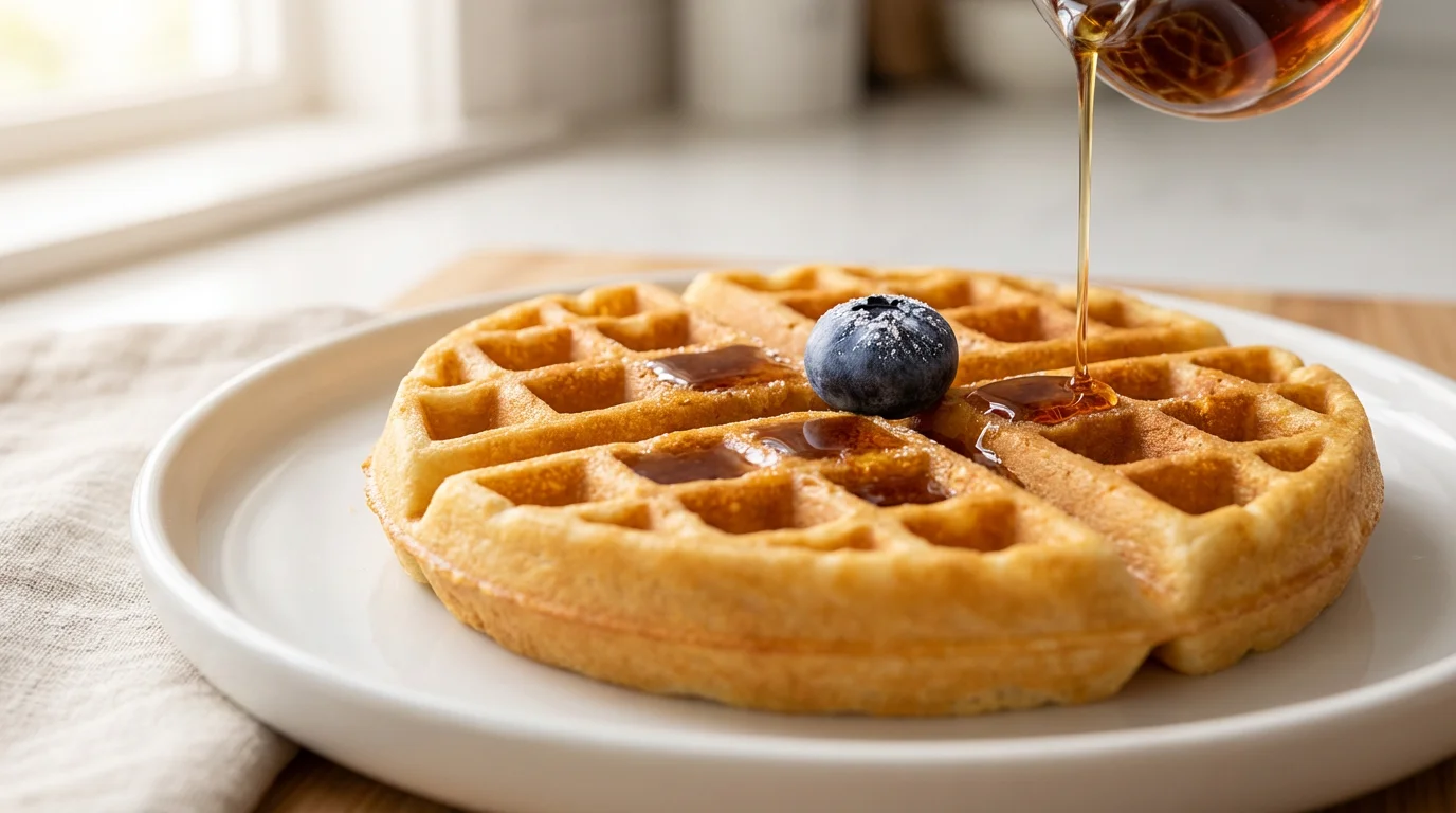 Close-up macro photo of maple syrup being drizzled onto a classic golden-brown waffle.