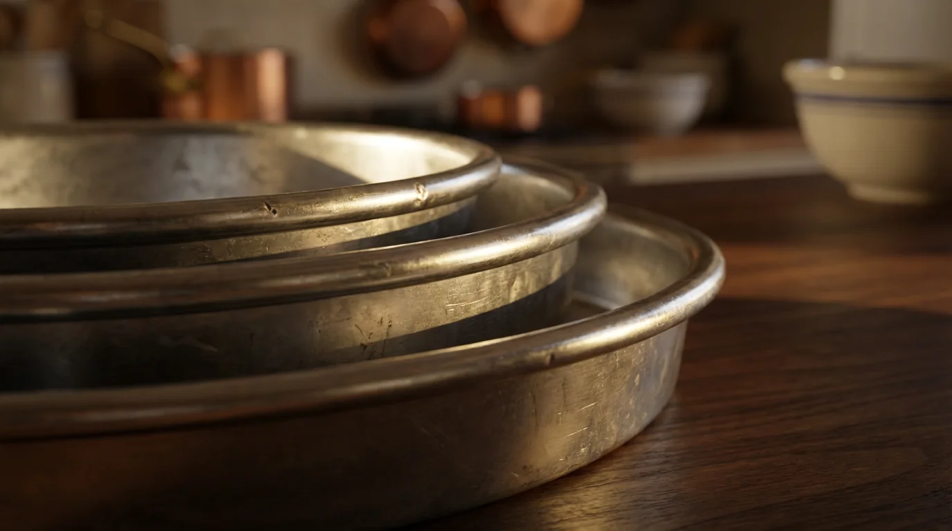 Close-up macro photo of stacked round aluminum cake pans during golden hour.