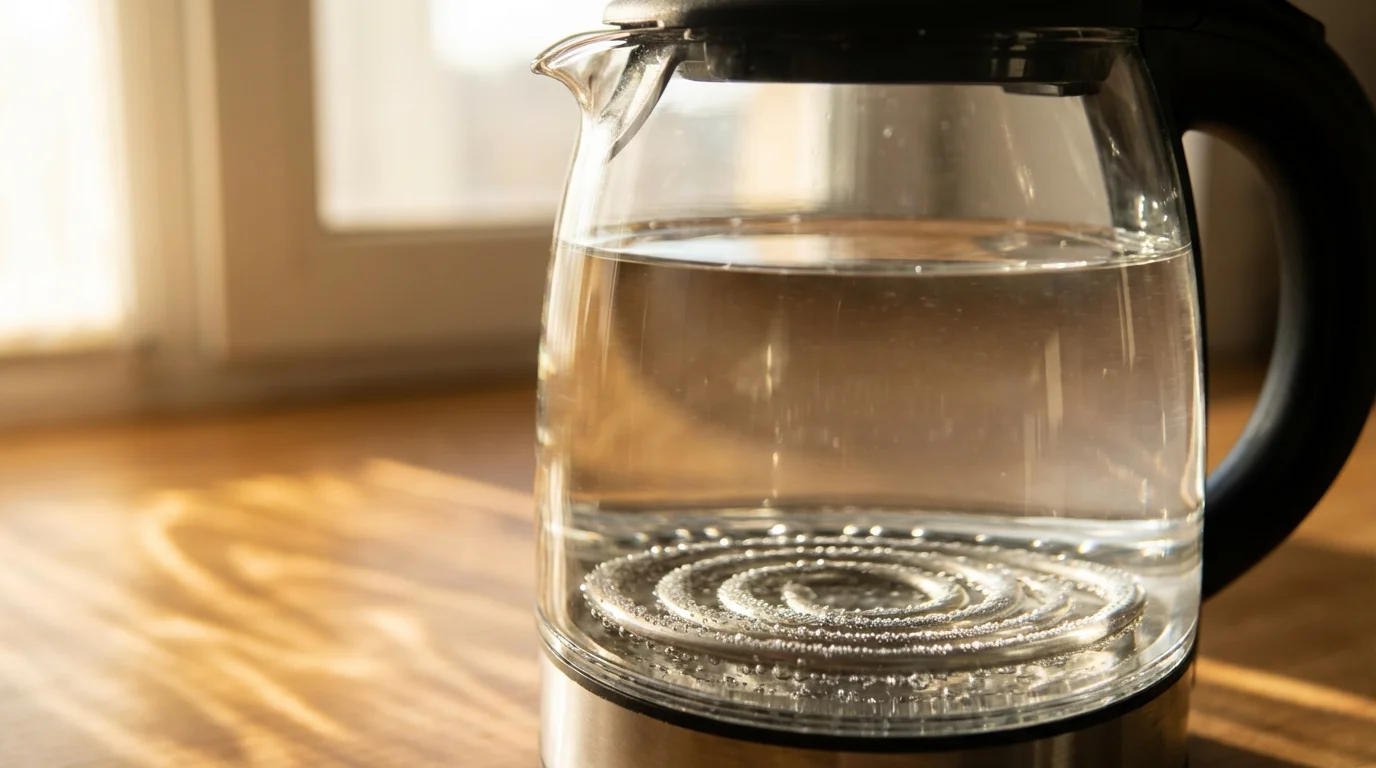 Close-up macro photo of tiny bubbles forming inside a glass electric kettle.
