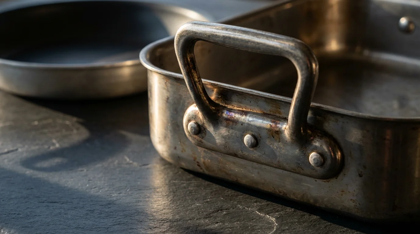 Close-up macro shot of a heavy-duty stainless steel roasting pan's robust riveted handle.