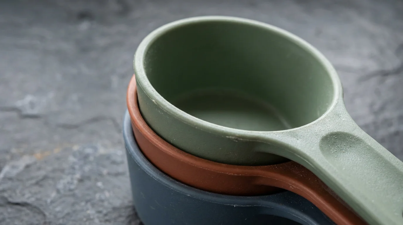 Close-up macro shot of a nested stack of colorful matte plastic measuring cups.
