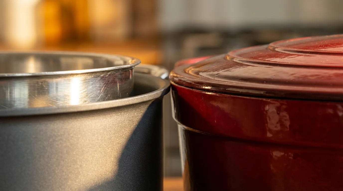 Close-up macro shot of stainless steel, aluminum, and enamel-on-cast iron stockpot rims.