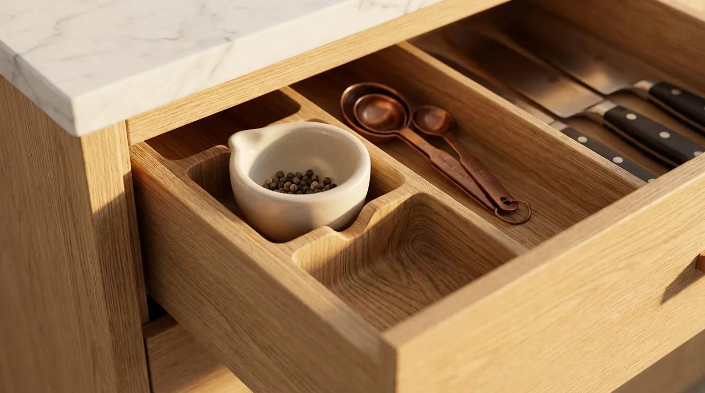 Close-up of a beautifully organized wooden kitchen island drawer with copper measuring spoons.